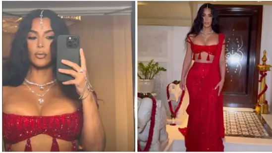 Kim Kardashian Saree Look Khloe Kardashian Anant Ambani Wedding Red Saree Mumbai Hotel Instagram Stories Barely-There Blouse Sleek Pallu US Reality Show Star Businesswoman India Visit Paparazzi Airport Arrival India Rickshaw Ride Kim Khloe First Visit Teeka Shawl Bouquet Warm