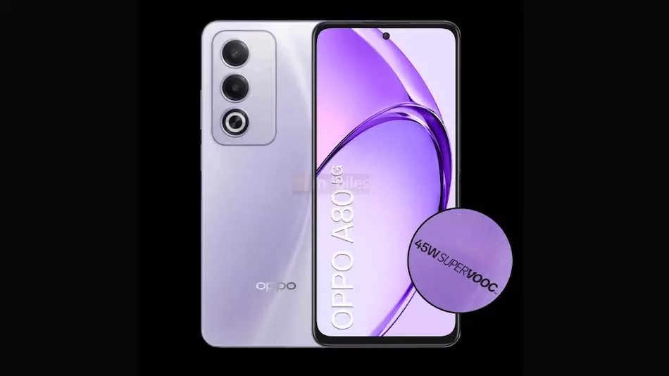 Oppo A80 5G European pricing design leak MediaTek Dimensity 6300 SoC 6.67-inch HD+ display 120Hz refresh rate 5100mAh battery 45W charging ColorOS 14.0.1 Android 14 50-megapixel primary camera dual rear cameras hole-punch display 8GB RAM 256GB storage EUR 249 price tipster Sudhanshu Ambhore 91Mobiles purple color vertical