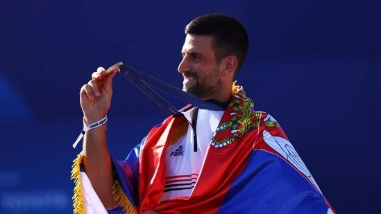 Novak Djokovic Olympic gold Paris Olympics 2024 historic win knee injury Roland Garros US Open 2024 early exit Rafael Nadal Beijing 2008 Andy Murray London 2012 Juan Martin del Potro Rio 2016 Alexander Zverev Tokyo 2020 tennis Olympic sport Serbian athletes Wimbledon final Alexei Popyrin Grand Slam
