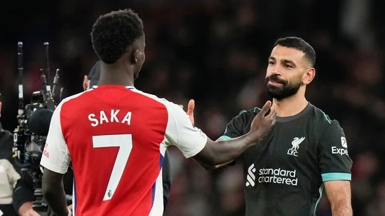 Mohamed Salah Liverpool Arsenal Premier League Emirates Stadium Gabriel Magalhaes Jurrien Timber Bukayo Saka Virgil van Dijk Kai Havertz Andy Robertson Caoimhin Kelleher Ben White Luis Diaz Ibrahima Konate Gabriel Martinelli Anthony Taylor Mikel Merino Declan Rice