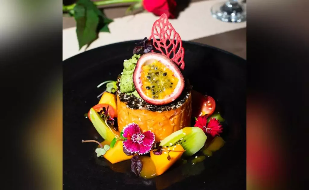 Salmon avocado tartare passion fruit emulsion smoked salmon recipes avocado recipes easy seafood recipes Chef Ajay Chopra EU More than Food Campaign healthy appetizers salmon tartare with avocado culinary masterpieces gourmet seafood recipes vibrant appetizers microgreens edible flowers kiwi mango garnish