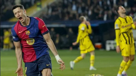 Barcelona Champions League Lewandowski goals Yamal record Raphinha assists Dortmund defeat UEFA quarterfinal 2025 match recap Hansi Flick treble pursuit European football MSN comparison La Liga Copa del Rey Barca frontline football analysis Robert Lewandowski Champions League stats young player record Lamine Yamal Champions League goal record Raphinha Barcelona stats Borussia Dortmund loss Champions League 4-0 win Barca goals in all competitions Spanish football club performance UEFA tournament Robert Lewandowski brace Raphinha performance Yamal left foot goal Camp Nou knockout stage Barca vs Dortmund analysis football highlights April 2025 football news football updates Champions League semi-final contender