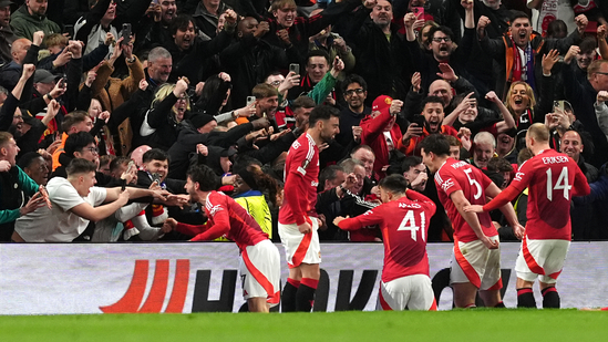 Harry Maguire Manchester United Europa League semi-final win Lyon Old Trafford extra-time dramatic comeback Bruno Fernandes penalty Rayan Cherki Alexandre Lacazette Tolisso Tagliafico 7-6 aggregate win United comeback football Europa League quarter-final football drama Premier League football United Europa League semi-final Harry Maguire header Kobbie Mainoo goal United vs Lyon Champions League football European football last-minute goal dramatic football night football comeback Man United Europa