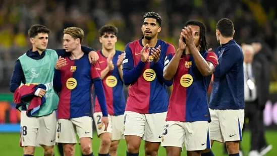 Barcelona Champions League 2025 Borussia Dortmund Guirassy hat-trick Barcelona vs Dortmund UCL semifinals Hansi Flick Barcelona aggregate win UCL quarterfinals Barcelona treble hopes Serhou Guirassy Champions League goals Julian Duranville assists Julian Brandt offside Dortmund vs Barcelona highlights Fermin Lopez own goal Lewandowski Barcelona goal Yamal Barcelona assist Bensebaini own goal Westfalenstadion UCL thriller Dortmund near comeback UEFA Champions League updates Guirassy top scorer