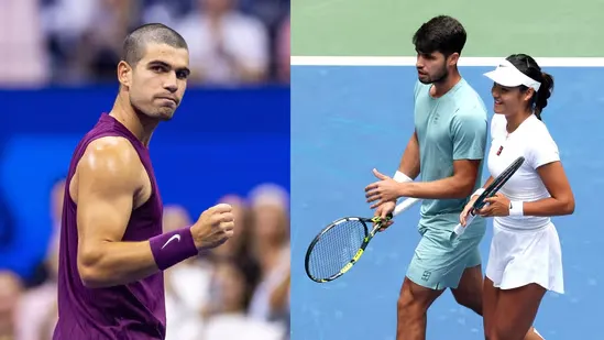 Carlos Alcaraz Emma Raducanu Carlos Alcaraz haircut Emma Raducanu reaction Carlos Alcaraz shaved head Emma Raducanu Alcaraz romance rumors US Open 2025 Carlos Alcaraz US Open Emma Raducanu US Open Naomi Osaka Carlos Alcaraz hairstyle Frances Tiafoe Carlos Alcaraz haircut joke Emma Raducanu press conference Carlos Alcaraz mixed doubles Emma Raducanu mixed doubles Alcaraz Raducanu team Emma Raducanu Elena Rybakina match Alcaraz Luciano Darderi Alcaraz Mattia Bellucci Emma Raducanu Janice Tjen