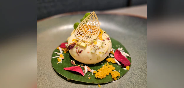 Motichoor Rabdi Petit Entremet recipe Motichoor Rabdi dessert Indian dessert recipe Rabdi mousse Motichoor crumbs dessert white chocolate coating gourmet dessert easy dessert recipe festive dessert recipe Indian sweets recipe banquet dessert recipe luxury dessert recipe small batch dessert recipe dessert for one rich dessert creamy dessert recipe pistachio dessert almond dessert rose petal garnish dessert frozen dessert recipe chocolate coated dessert dessert mousse recipe how to make