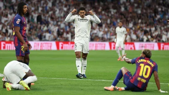 Jude Bellingham Real Madrid Lamine Yamal El Clasico 2025 Real Madrid vs Barcelona Santiago Bernabeu La Liga match highlights Bellingham goal El Clasico winner Real Madrid victory Lamine Yamal controversy Bellingham Instagram post HALA MADRID Xabi Alonso comments Real Madrid midfielder Kylian Mbappe Vinicius Jr assist Fermin Lopez goal Barcelona Pedri red card Thibaut Courtois Dani Carvajal La Liga rivalry Spanish football news Bellingham shoulder recovery Real Madrid latest news El Clasico drama football match report Bellingham quotes Jude Bellingham vs Lamine Yamal Real Madrid Barcelona feud Bellingham