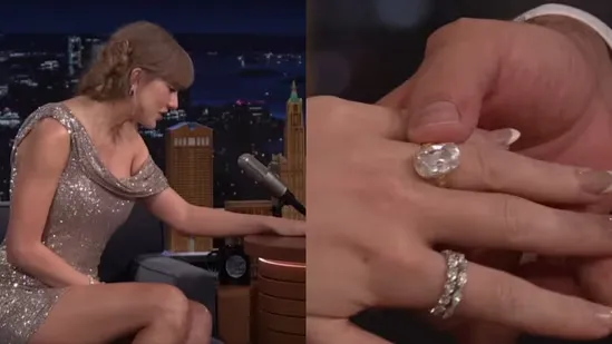 Taylor Swift Travis Kelce engagement Taylor Swift wedding ring Taylor Swift diamond bands Taylor Swift Fallon show Taylor Swift engagement ring Taylor Swift Tonight Show silver dress Taylor Swift Giuseppe Di Morabito Taylor Swift Jimmy Choo heels Taylor Swift Anita Ko earrings Taylor Swift proposal story Taylor Swift engagement details Taylor Swift fashion 2025 Taylor Swift jewelry collection Taylor Swift sparkly rings Travis Kelce proposal moment Taylor Swift new album The Life of a Showgirl Taylor Swift interview highlights Taylor