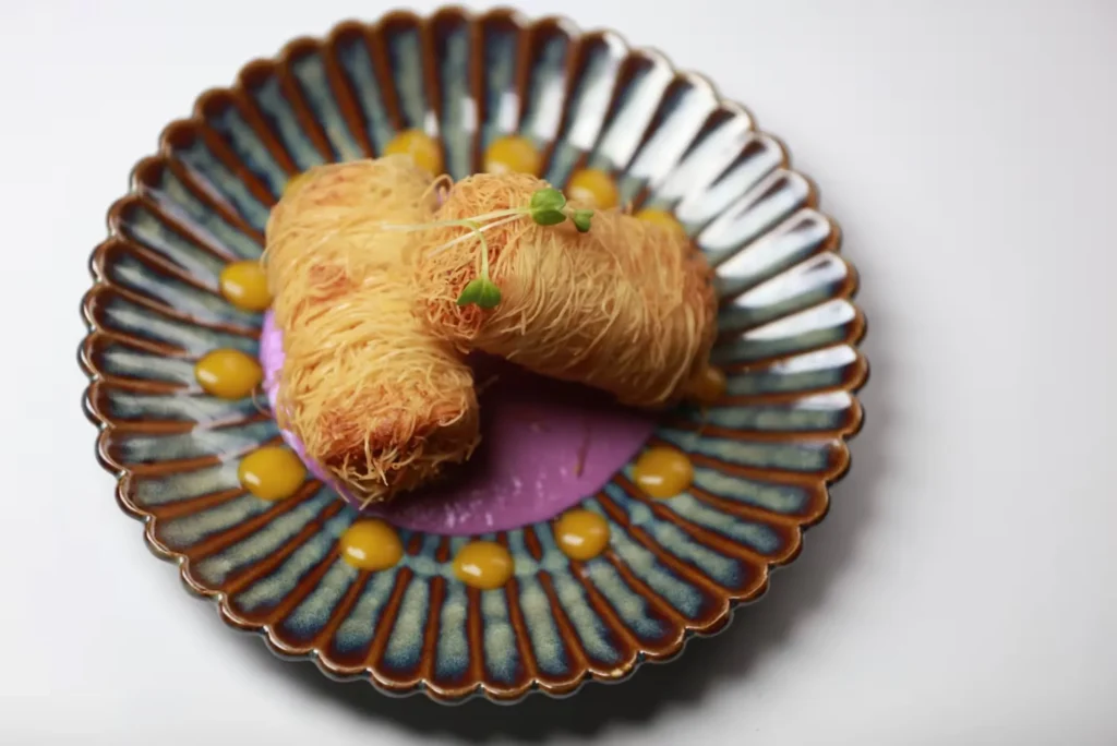 Vikas Khanna Dahi Kebab Michelin-star recipe Indian chef fine dining recipe at home crispy kunafa twist purple cabbage puree spicy mango gel James Beard nominee Bungalow New York restaurant kataifi rolls Indian cuisine gourmet recipe yogurt kebab restaurant chef tips home cooking Vikas Khanna recipes Indian food innovation culinary expert Michelin-starred dishes fine dining at home unique kebab recipe festive