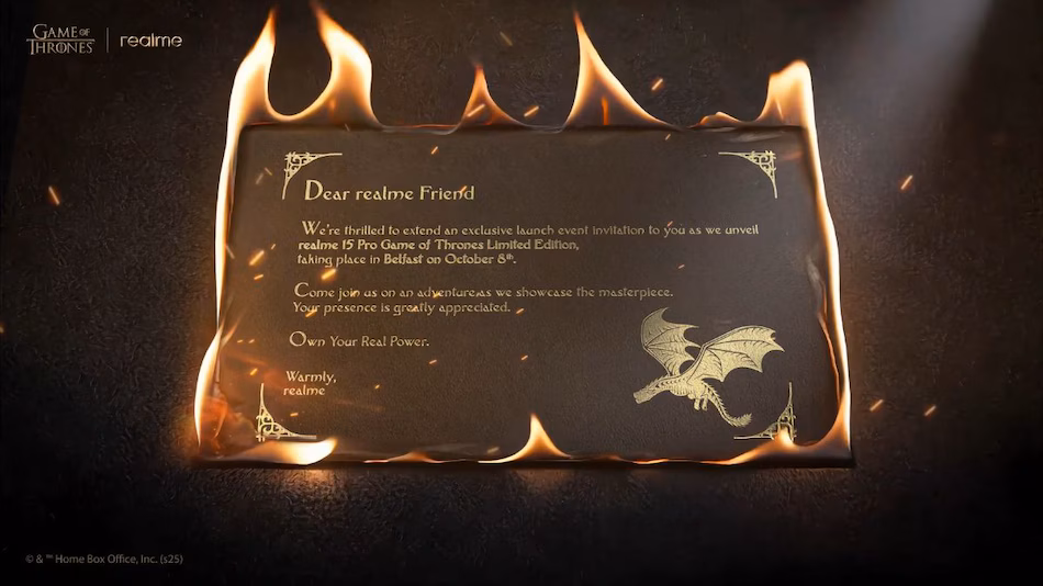 Realme 15 Pro 5G Realme 15 Pro 5G Game of Thrones Edition Realme Game of Thrones phone Realme India launch Realme 15 Pro limited edition Dragon Egg Wooden Box Realme Ice and Fire UI Realme Stark theme Realme Targaryen theme Realme 6.8-inch AMOLED display Realme 144Hz refresh rate Realme 2500Hz touch sampling rate Realme