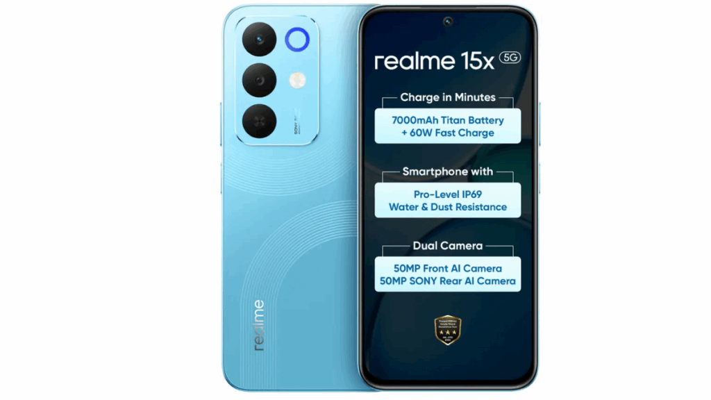 Realme 15x 5G India launch Realme 15x 5G price Realme 15x 5G specifications Realme 15x 5G features Realme 15x 5G battery Realme 15x 5G 7000mAh battery Realme 15x 5G dual 50MP camera Realme 15x 5G front camera Realme 15x 5G rear camera Realme 15x 5G display Realme 15x 5G sunlight display Realme 15x 5G HD plus display Realme 15x 5G 144Hz refresh rate Realme 15x 5G Android 15 Realme UI 6 Realme 15x 5G MediaTek