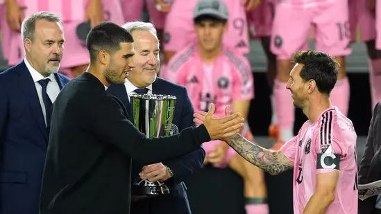 Carlos Alcaraz Lionel Messi Inter Miami MLS Cup final Eastern Conference trophy Miami football news Messi NYCF win Chase Stadium Miami sports stars Alcaraz Messi moment Inter Miami semifinal win Tadeo Allende hat trick Miami soccer victory MLS playoff match Miami vs NYCFC Miami sports crossover Messi trophy celebration Alcaraz offseason tennis star meets Messi Inter Miami historic match MLS Cup 2025 finalists Miami football fans Miami football celebration MLS playoff hero Tadeo Allende Miami stadium celebration