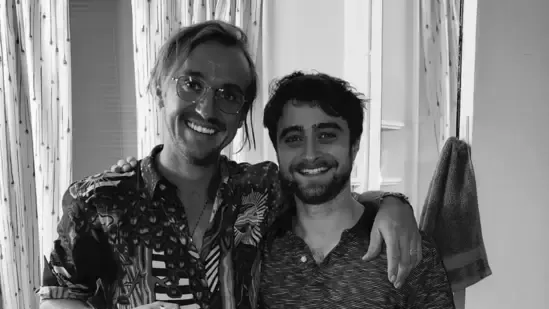 Daniel Radcliffe Tom Felton Harry Potter reunion Broadway news NYC celebrity update Merrily We Roll Along Stephen Sondheim revival Draco Malfoy actor reunion moment film screening Radcliffe Broadway return Felton Broadway performance Harry Potter cast reunion New York entertainment news wizarding world stars emotional reunion theatre highlights celebrity friendship stage success blockbuster franchise actors spotlight Hudson Theatre upcoming Broadway show film release 2025 entertainment buzz fan favorite stars iconic duo