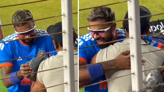 Hardik Pandya sportsmanship cameraman injury Ahmedabad T20I India vs South Africa Hardik Pandya six hits cameraman ice pack hug Narendra Modi Stadium Indian cricket news Pandya gesture viral video