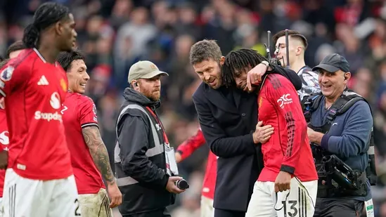 Michael Carrick Manchester United Premier League derby Manchester United vs Manchester City Old Trafford win Carrick first match Manchester derby 2026 Man United victory Premier League football news Manchester United manager debut Bryan Mbeumo goal Patrick Dorgu goal Pep Guardiola reaction