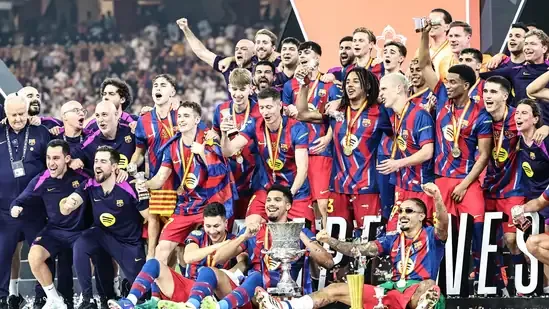 Barcelona Spanish Super Cup Real Madrid El Clasico Saudi Arabia football final Barcelona vs Real Madrid 2026 Raphinha goals Lewandowski goal Hansi Flick Barcelona Xabi Alonso Real Madrid Spanish Super Cup final Jeddah football Barcelona trophy Barcelona title win Real Madrid defeat Clasico final Saudi Arabia