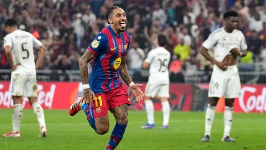 Barcelona vs Real Madrid Spanish Super Cup 2026 El Clasico final Barcelona win Real Madrid defeat Raphinha goals Raphinha brace Pedri midfield control Frenkie de Jong performance Hansi Flick Barcelona