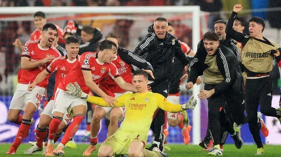 Benfica vs Real Madrid Champions League Benfica goalkeeper goal Anatoliy Trubin header Jose Mourinho Benfica Champions League drama last minute goal Benfica Real Madrid playoff Champions League new format Benfica qualification Estadio da Luz Lisbon