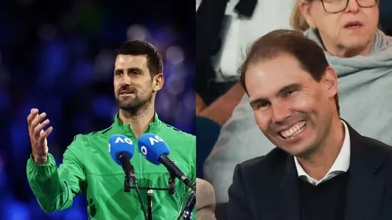 Novak Djokovic Rafael Nadal Australian Open final Carlos Alcaraz Australian Open 2026 Djokovic Nadal rivalry Djokovic Nadal moment Djokovic talks to Nadal Nadal in stands Australian Open Carlos Alcaraz Grand Slam Carlos Alcaraz career Grand Slam youngest career Grand Slam winner Australian Open men final Rod