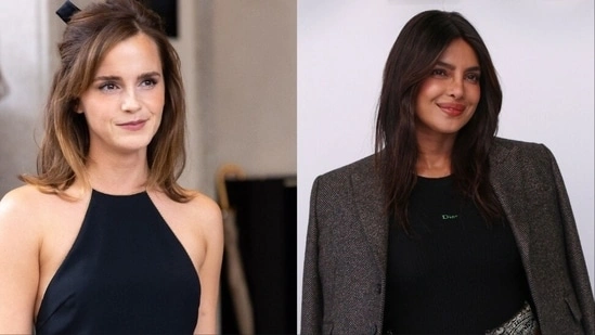 Priyanka Chopra Emma Watson dinner Priyanka Chopra pre Oscars event Emma Watson looking at Priyanka Chopra Priyanka Chopra Nick Jonas Beverly Hills event Emma Watson Priyanka Chopra photo viral Priyanka Chopra Hollywood event Emma Watson admiration Priyanka Chopra celebrity dinner Beverly Hills Priyanka