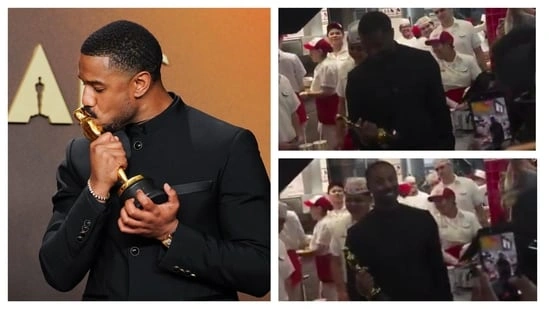 Michael B Jordan Oscar win Michael B Jordan burger celebration Sinners movie Oscar winner Michael B Jordan Best Actor 2026 Oscars Michael B Jordan viral video In N Out Burger celebrity moment Hollywood