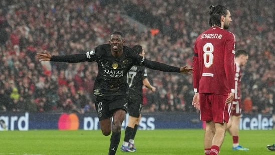 Ousmane Dembele PSG Liverpool Champions League PSG vs Liverpool result PSG semi final Champions League 2026 PSG win Anfield Dembele goals PSG Liverpool match report PSG 4 0 aggregate win Champions